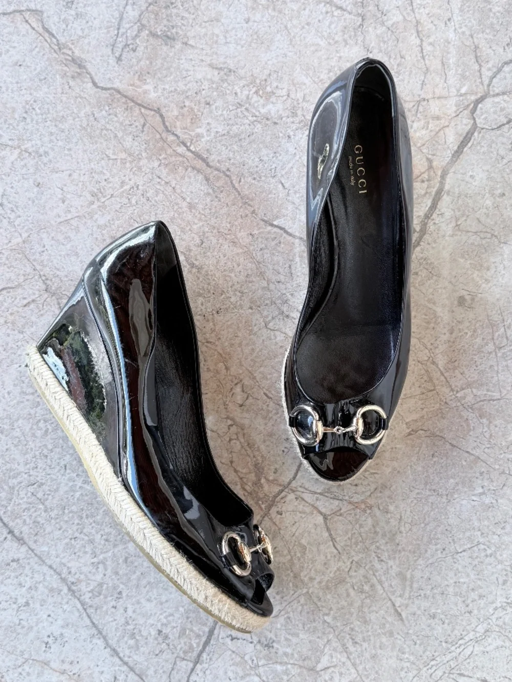 Gucci Black Patent Leather Horsebit Espadrille Peep Toe Wedge Pumps